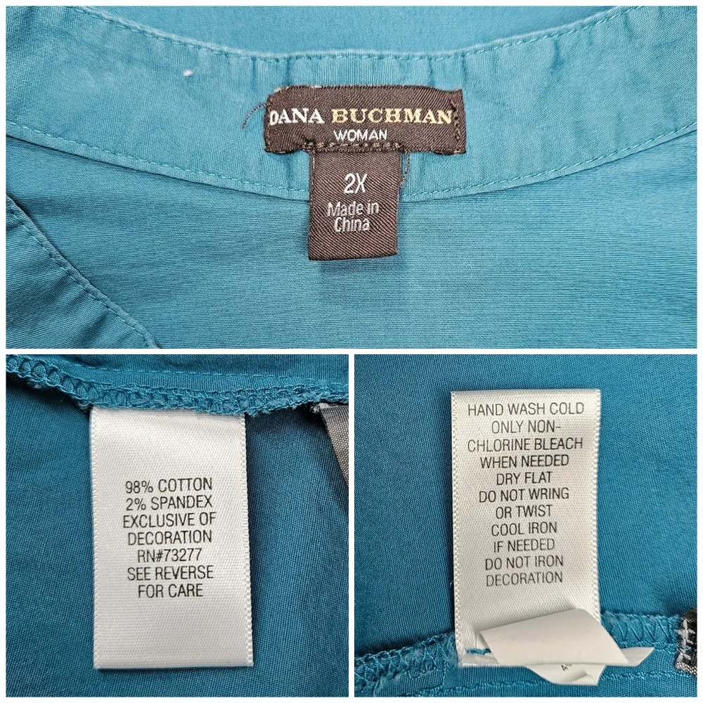 Dana Buchman Sze 2X Shirt Button Down 100% Cotton Beaded Mandarin Teal Turquoise